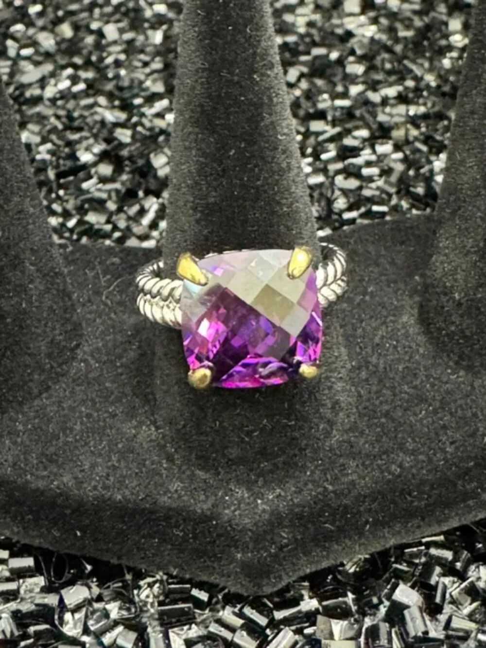 18K White Gold & Yellow Gold Filled Purple AAA CZ Statement Ring Size 7 NWOT